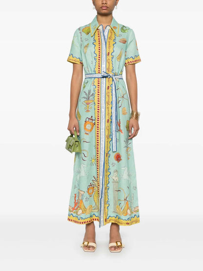 Aqua Botanical Belted Midi Dress