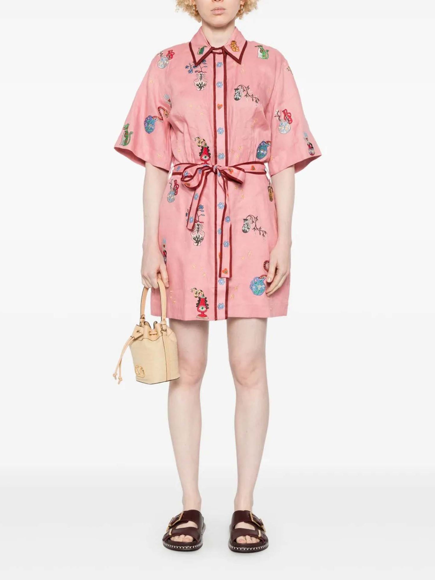 Pink Botanical Embroidered Mini Shirt Dress