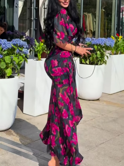 Retro V-neck trumpet sleeve printed dress
