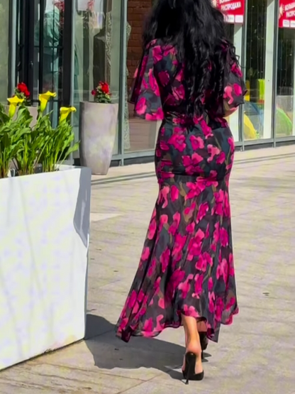 Retro V-neck trumpet sleeve printed dress
