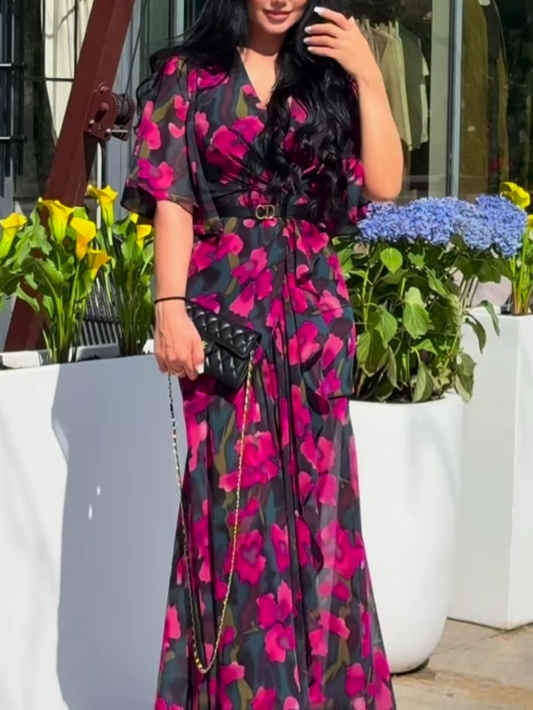 Retro V-neck trumpet sleeve printed dress