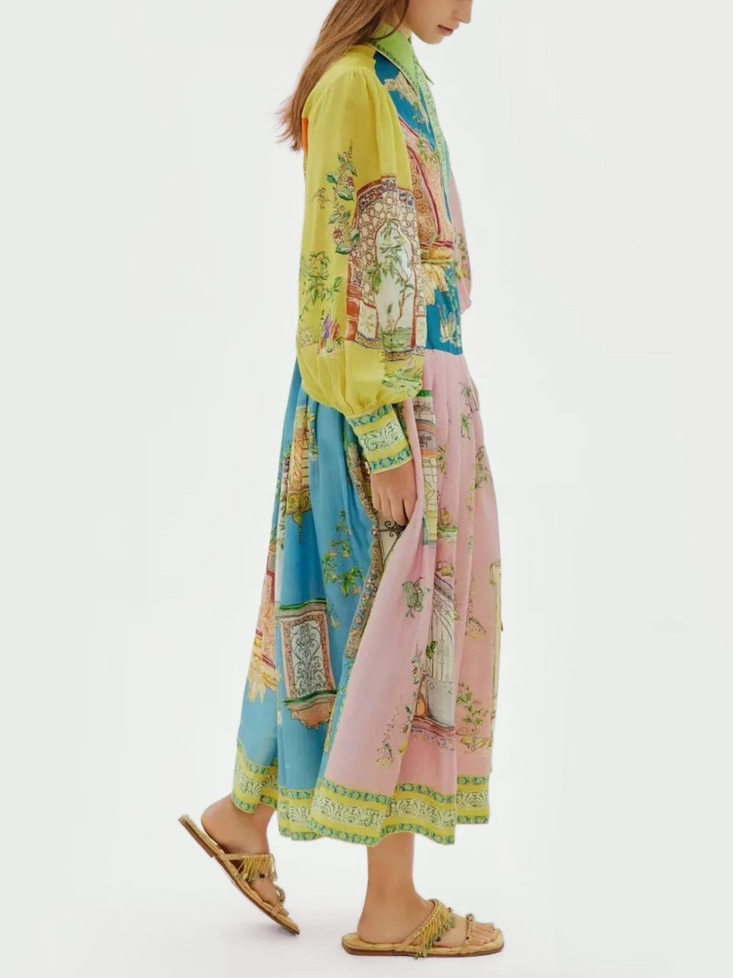 Vintage-Inspired Printed Button-Up Midi Dress