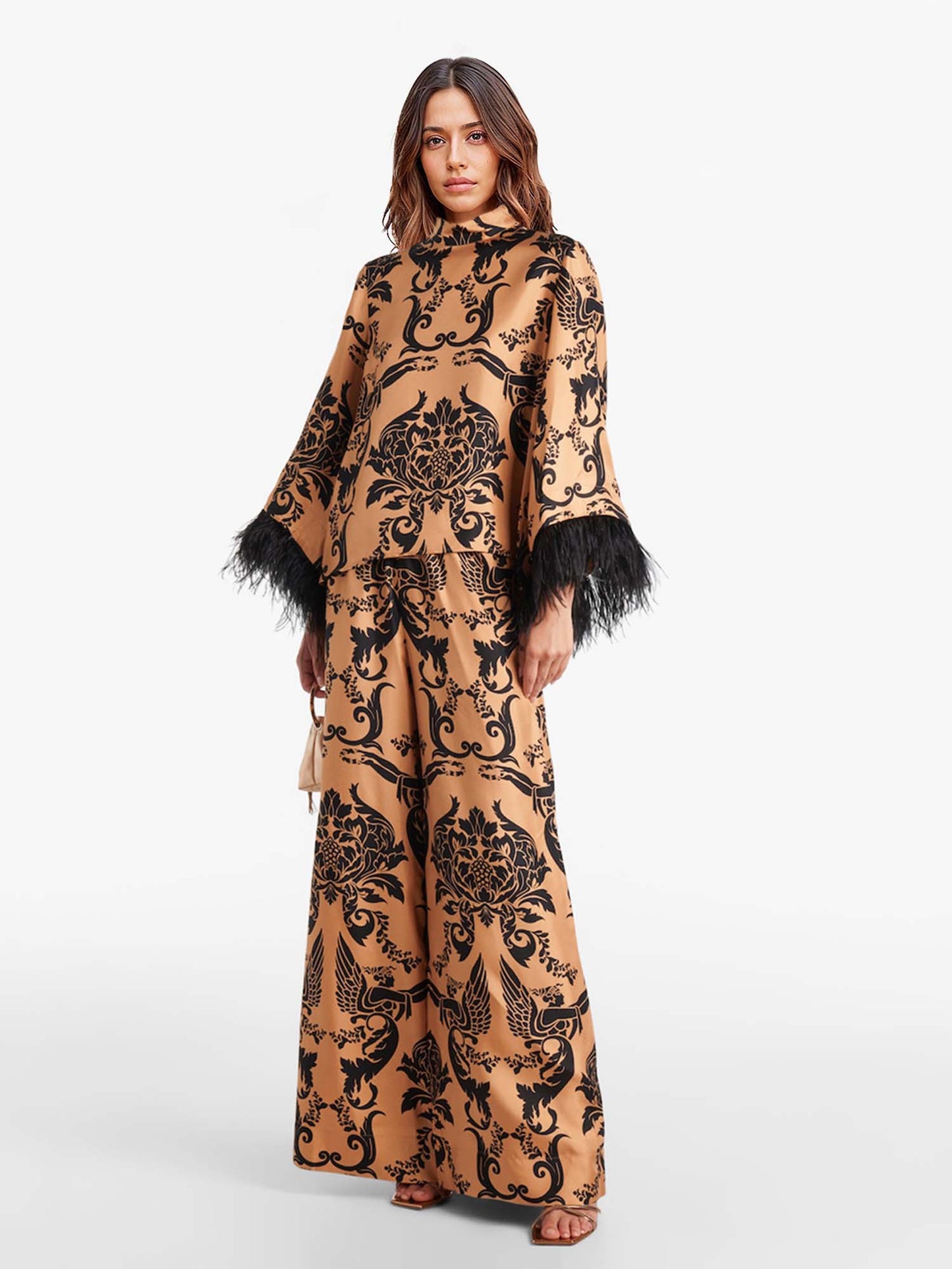 Bohemian Satin  Pants with Feather Accents