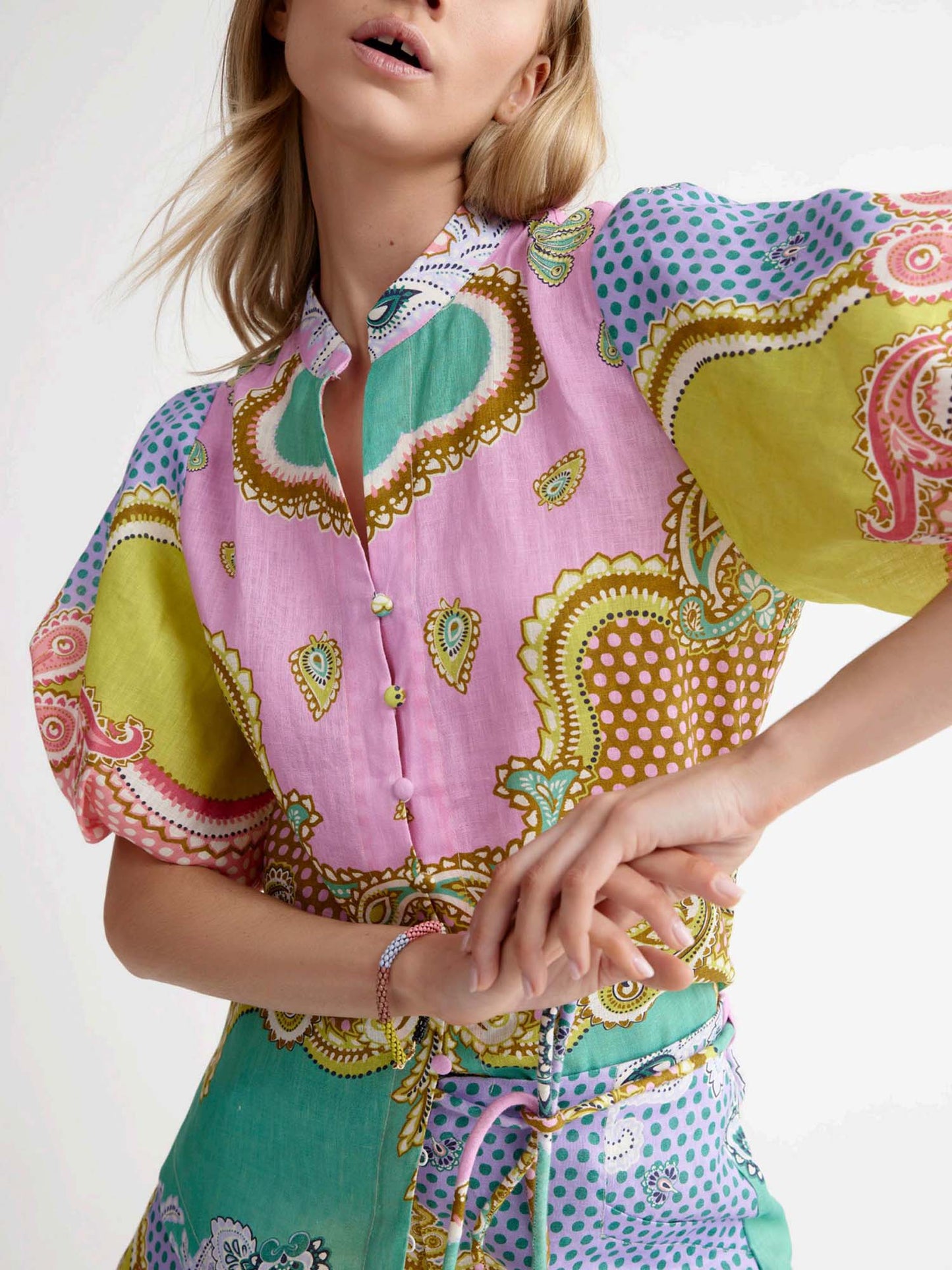 Candy Mosaic Belted Shirt Maxi Dress
