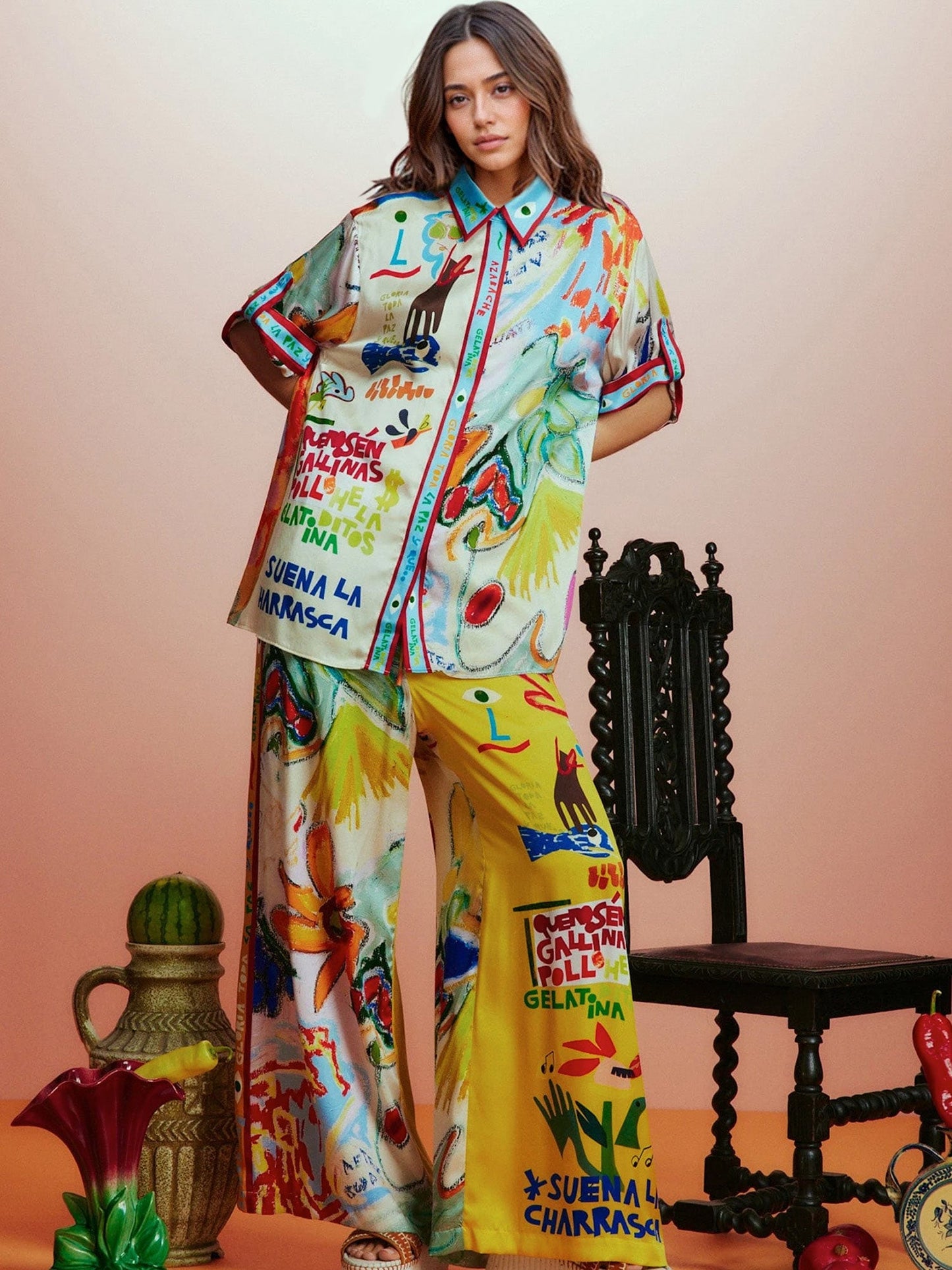Vibrant Art Print Wide-Leg Pants