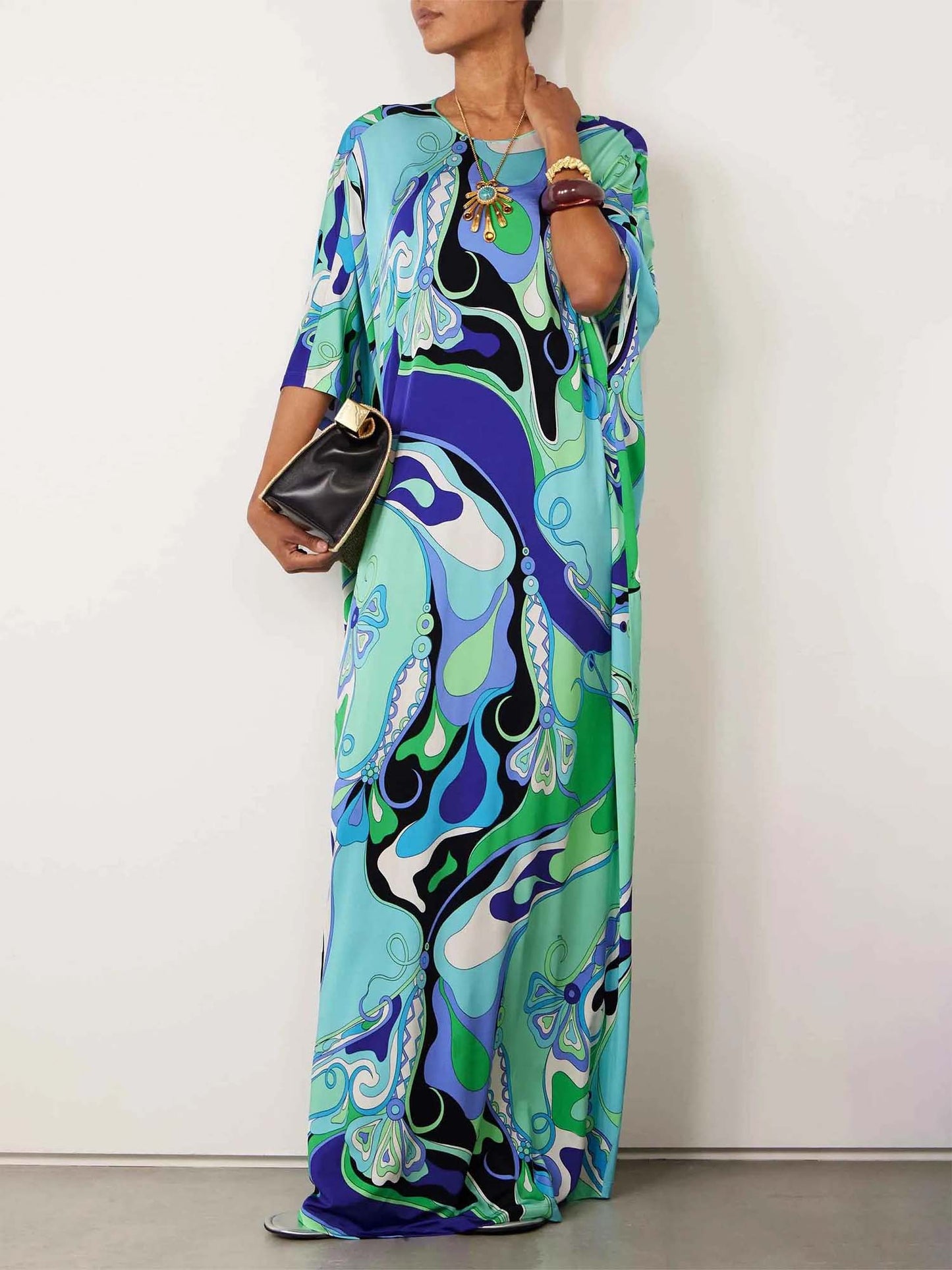 Blue Wave Print Kaftan Maxi Dress