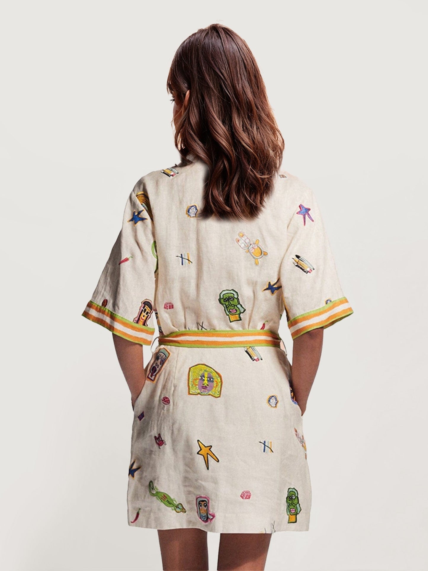 Vintage Graphic Print Mini Dress with Tie Waist