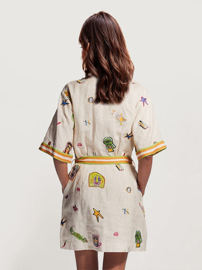 Vintage Graphic Print Mini Dress with Tie Waist