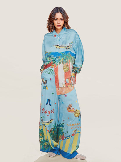 Loose-Fit Satin Pants with Unique Painted Print