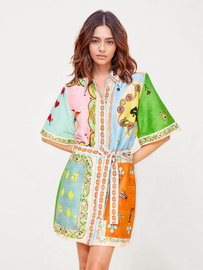 Colorful Printed Mini Shirt Dress