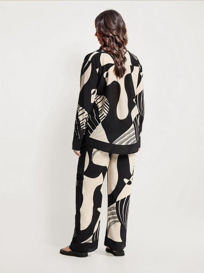 Abstract Black and White Print Wide-Leg Pants