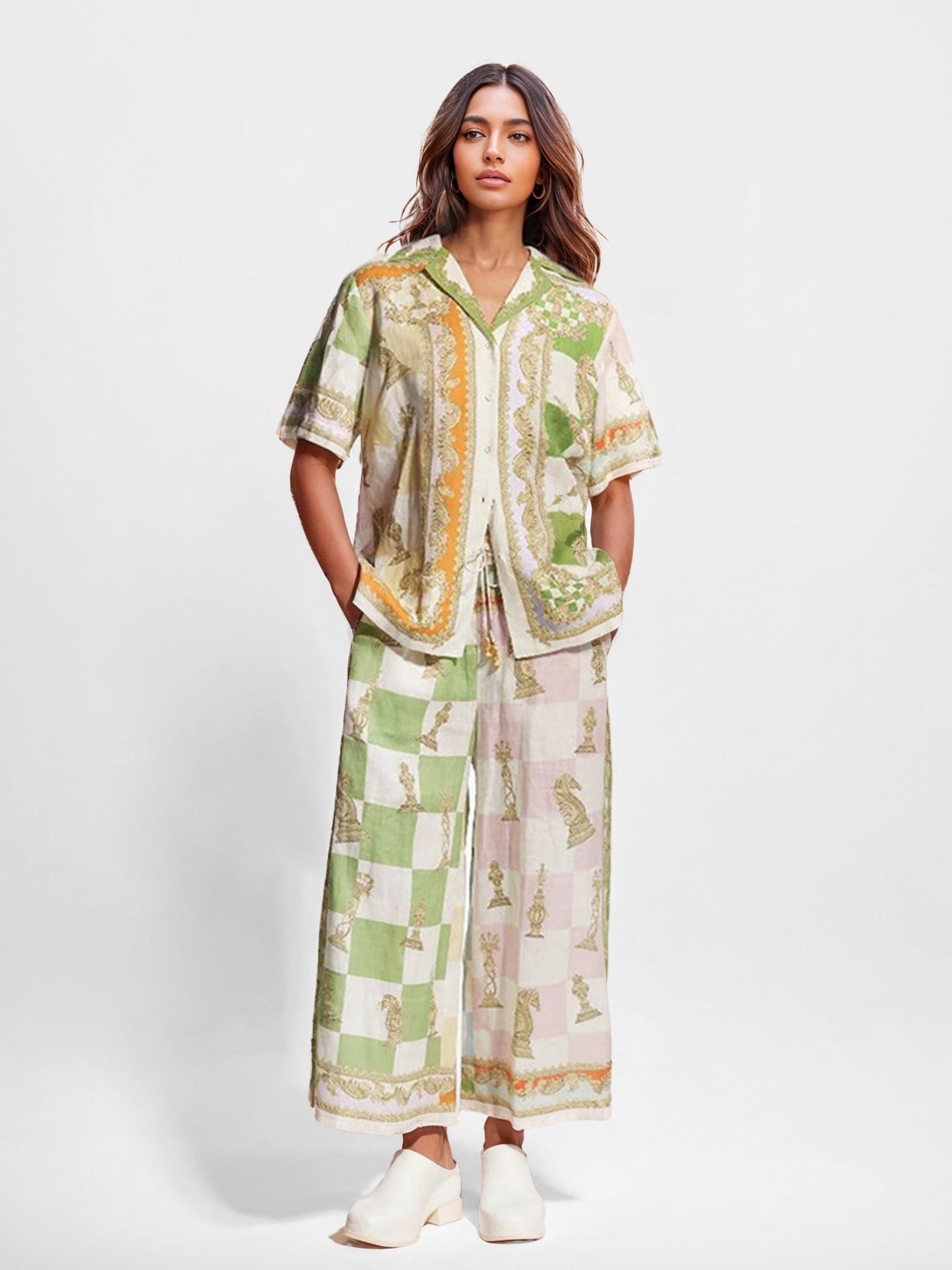 Vintage Chess Print Wide-Leg Pants