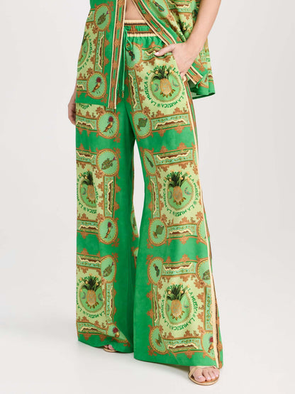 Green Paisley Print Wide-Leg Pants