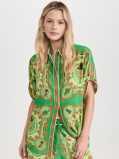 Green Paisley Print Button-Up Shirt