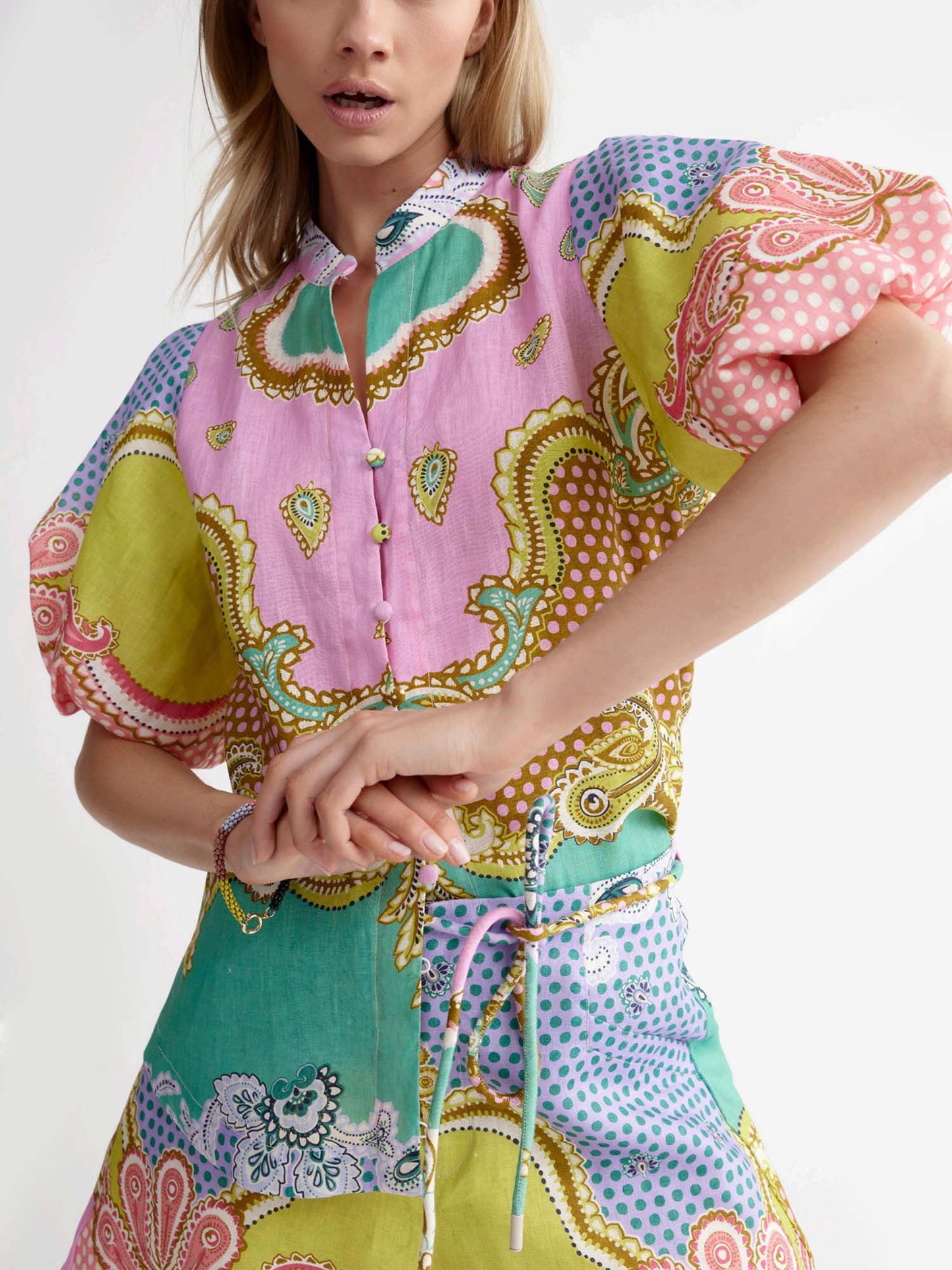 Candy Mosaic Belted Shirt Maxi Dress