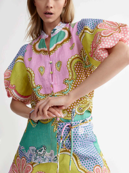 Candy Mosaic Belted Shirt Maxi Dress