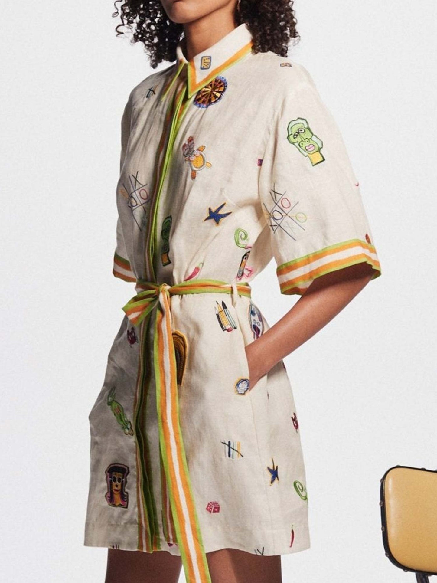 Vintage Graphic Print Mini Dress with Tie Waist