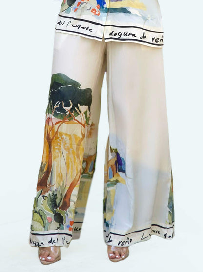 Artful Print Wide-Leg Pants