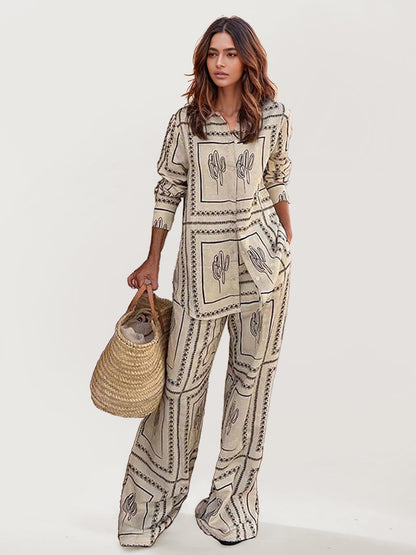 Cactus Print High-Waisted Pants