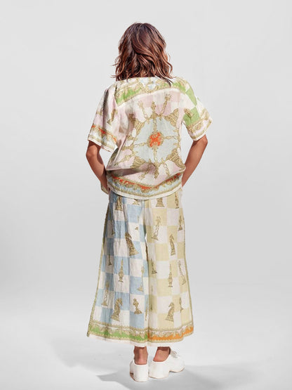 Vintage Chess Print Wide-Leg Pants