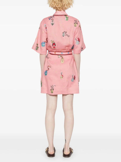 Pink Botanical Embroidered Mini Shirt Dress