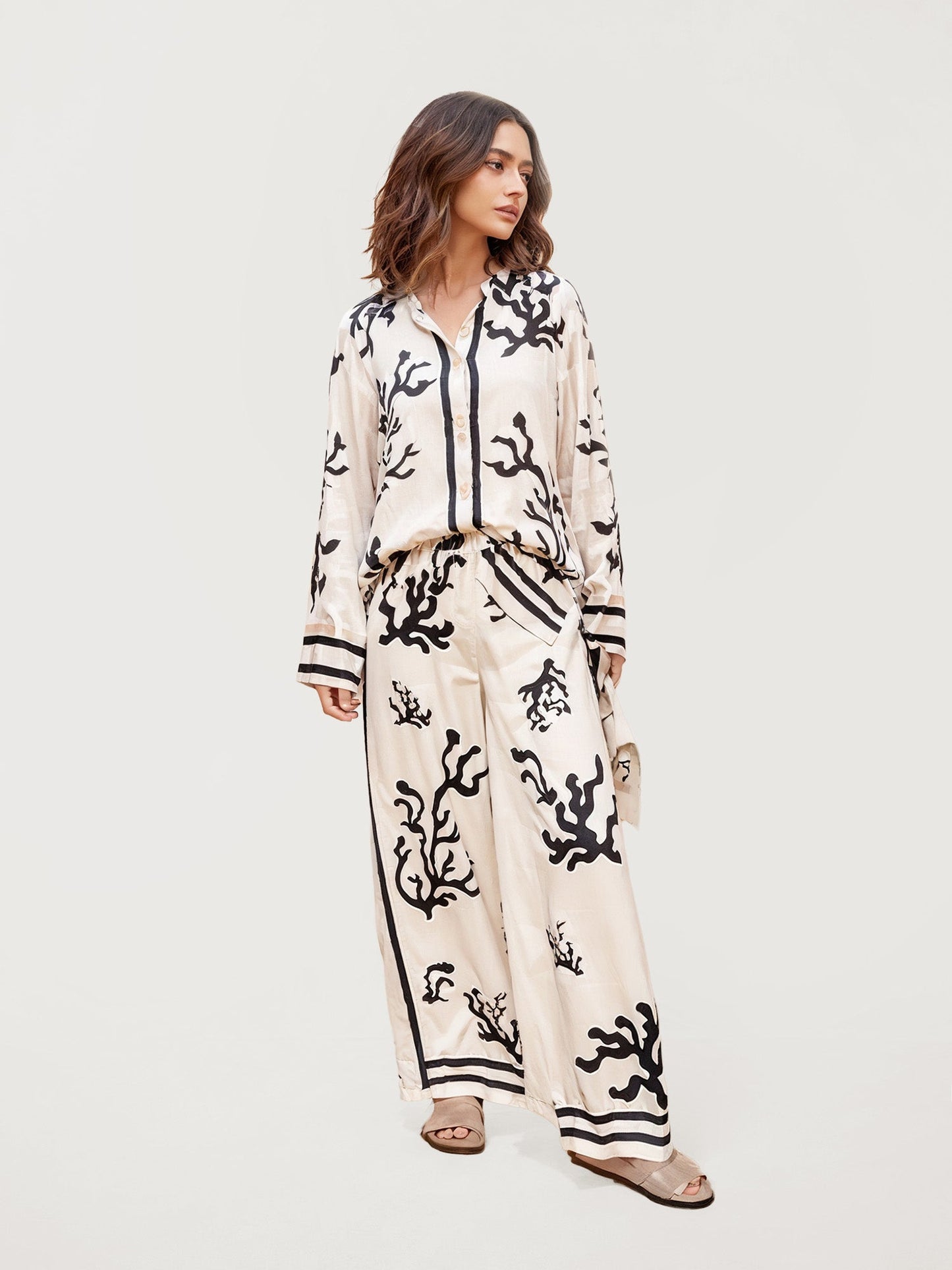 Black Coral Print Button-Up Shirt