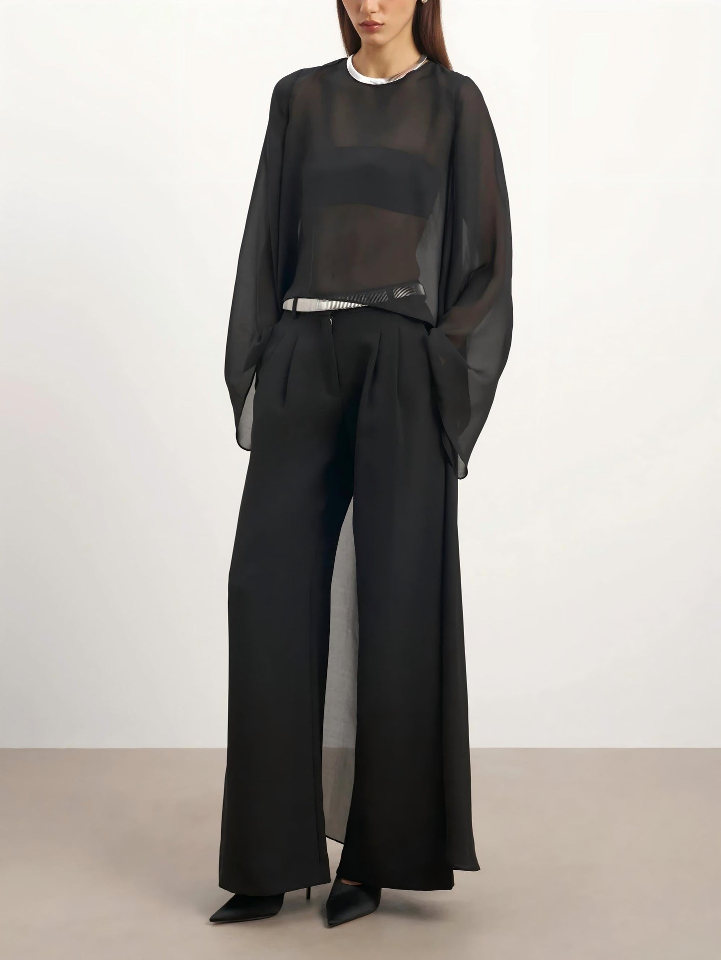 Sheer Chiffon Cape Blouse & Curved Silhouette Jeans