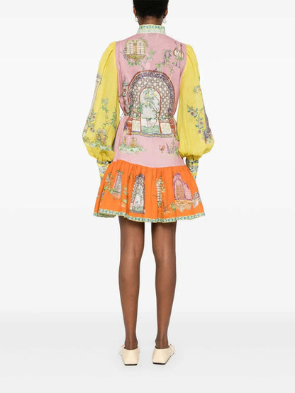 Vintage-Inspired Printed Button-Up Mini Dress