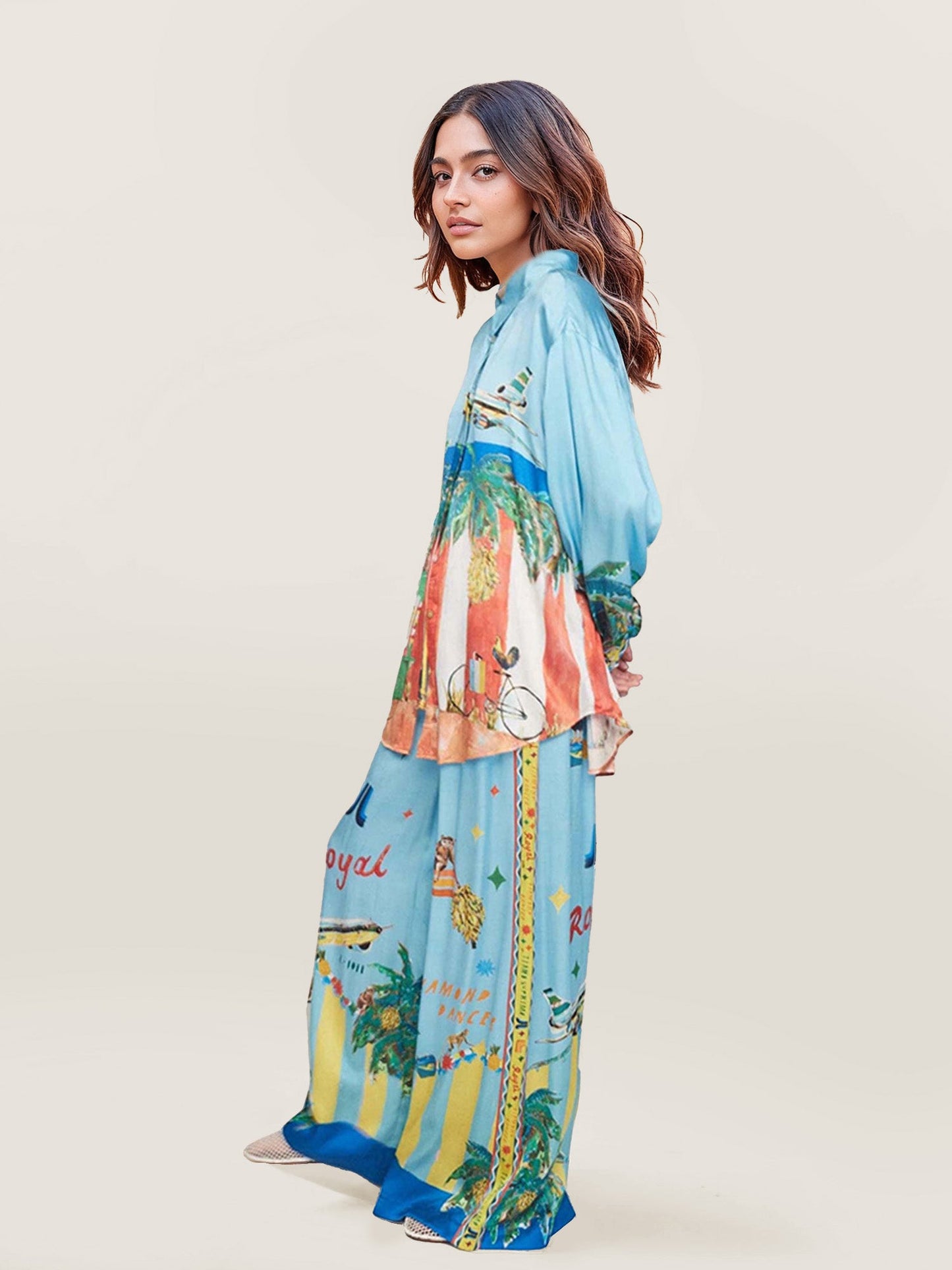 Loose-Fit Satin Pants with Unique Painted Print
