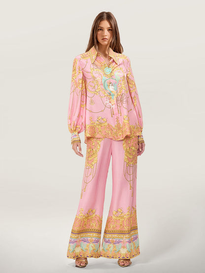 Puff-Sleeve Blouse with Fish Print