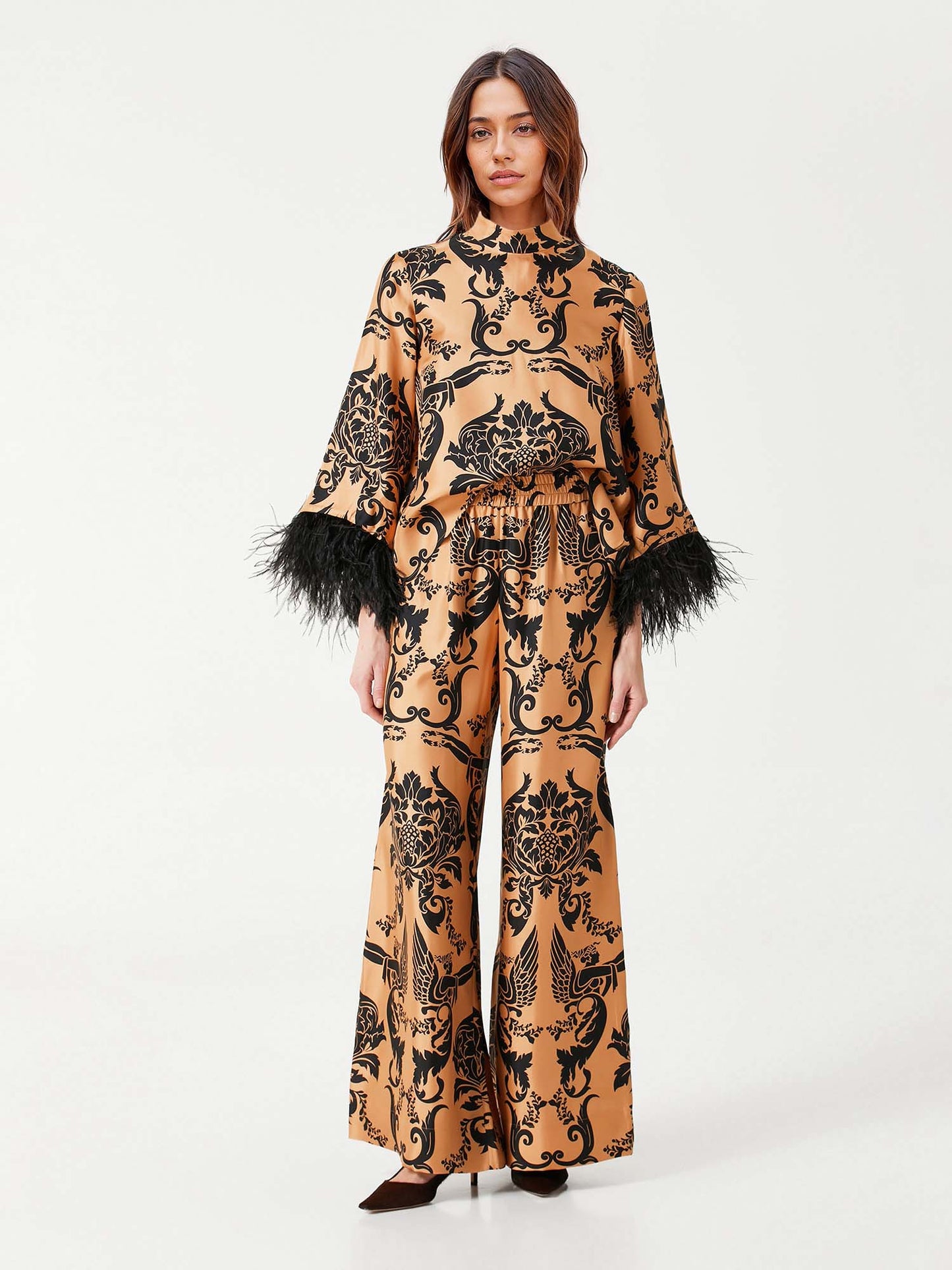 Bohemian Satin  Pants with Feather Accents