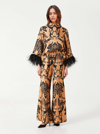 Bohemian Satin  Pants with Feather Accents