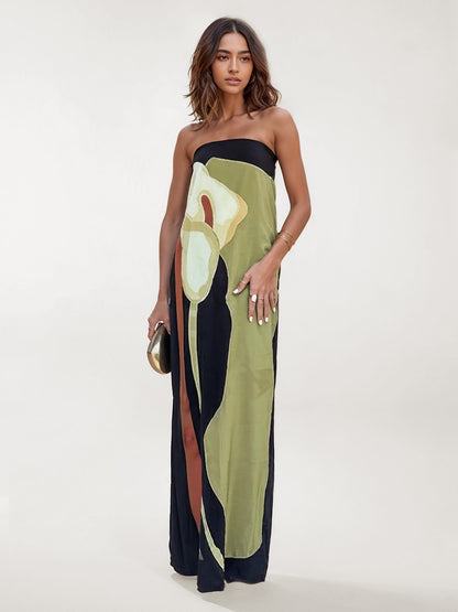 Abstract Floral Print Strapless Maxi Dress