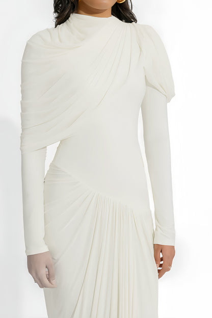 Bronwyn White Draped Pleated Asymmetrical Maxi Dress