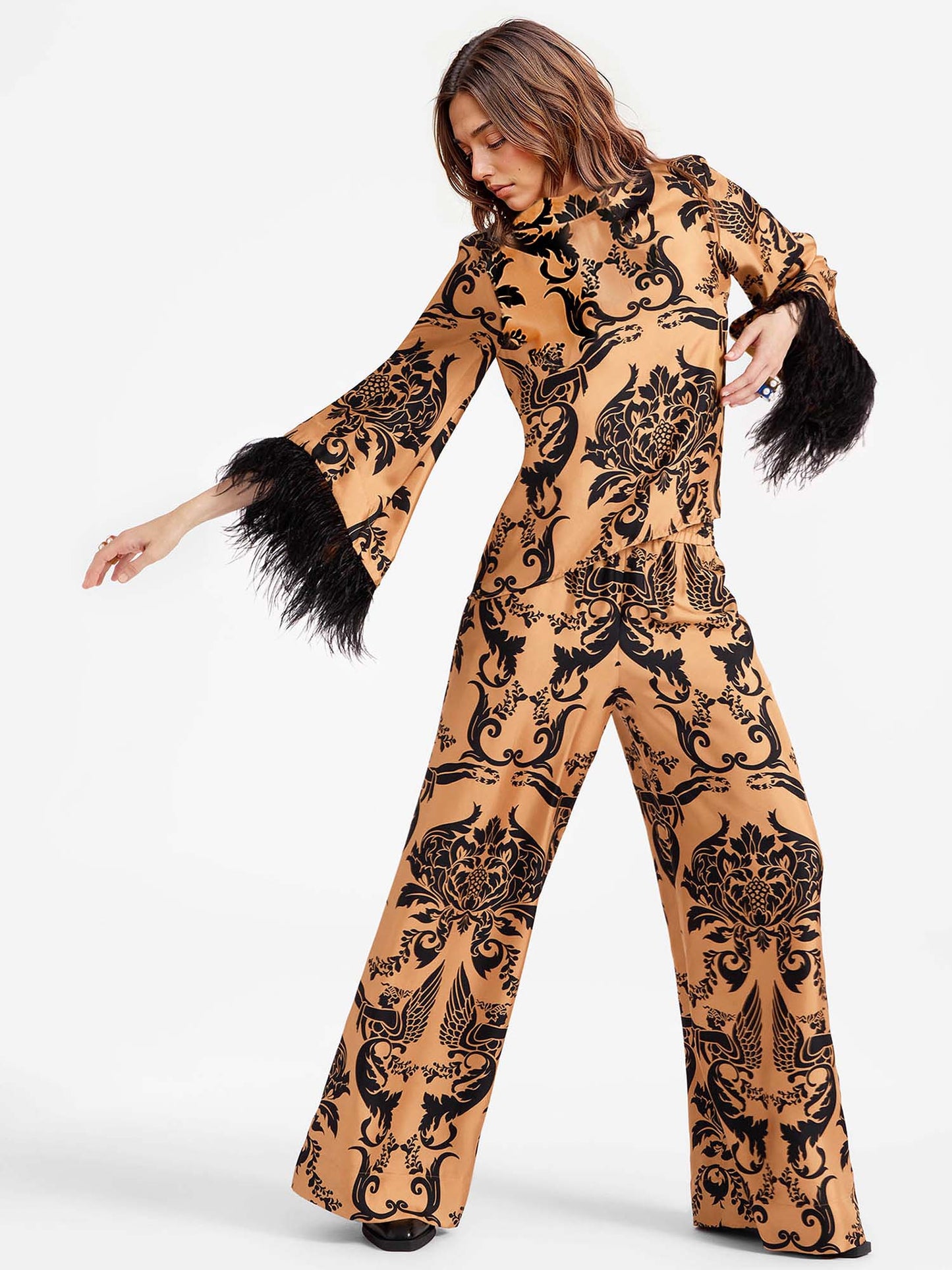Bohemian Satin  Pants with Feather Accents