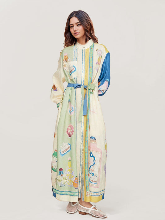 Boho Floral Print Maxi Dress with Waist Tie