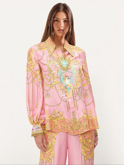 Puff-Sleeve Blouse with Fish Print