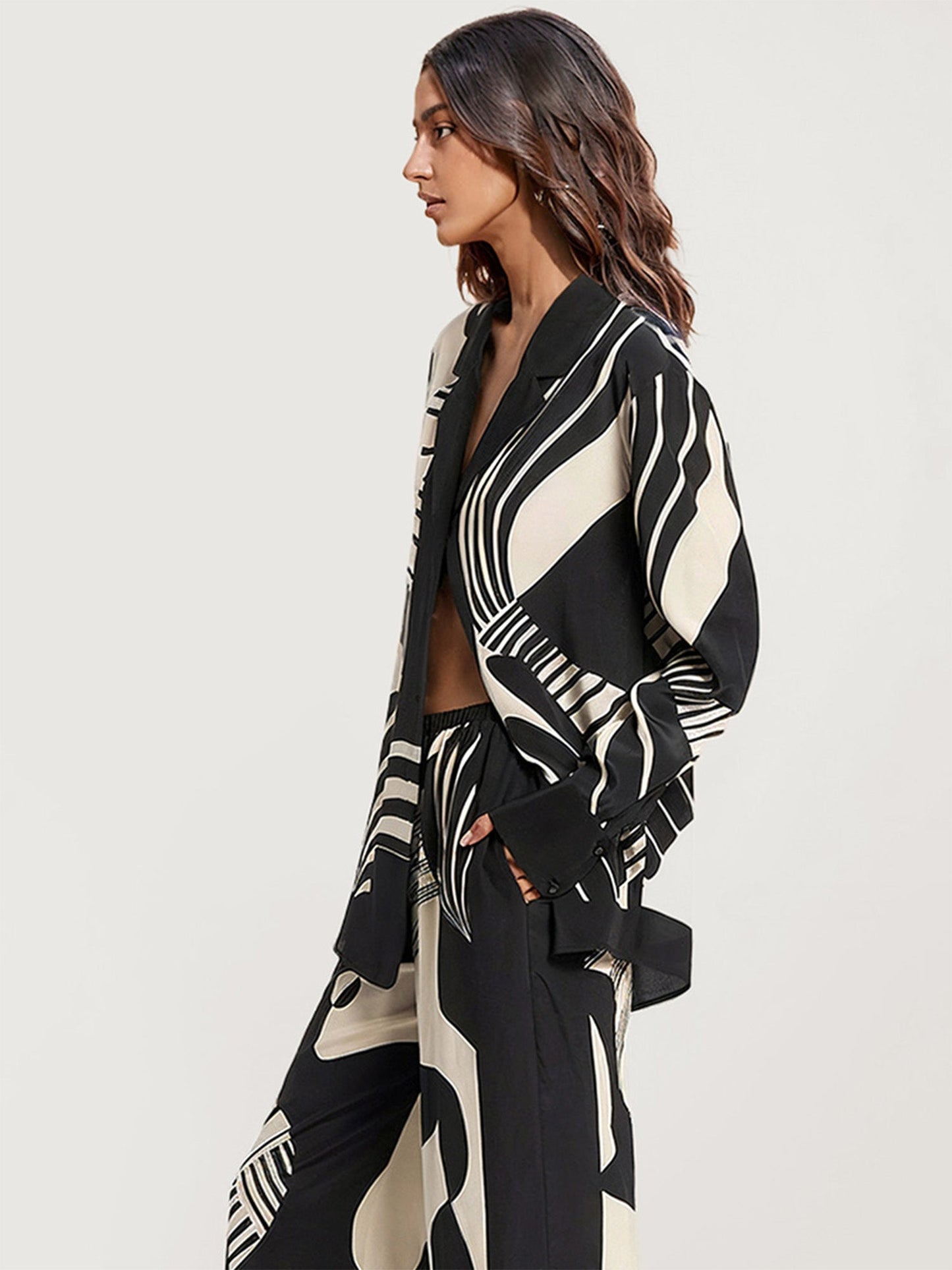 Abstract Black and White Print Button-Up Shirt