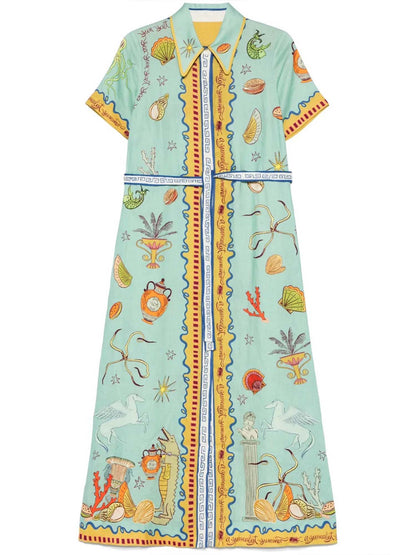 Aqua Botanical Belted Midi Dress