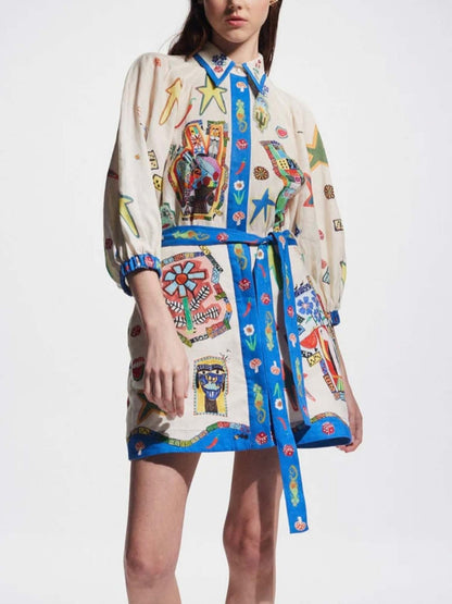 Tropical Print Mini Dress with Belt