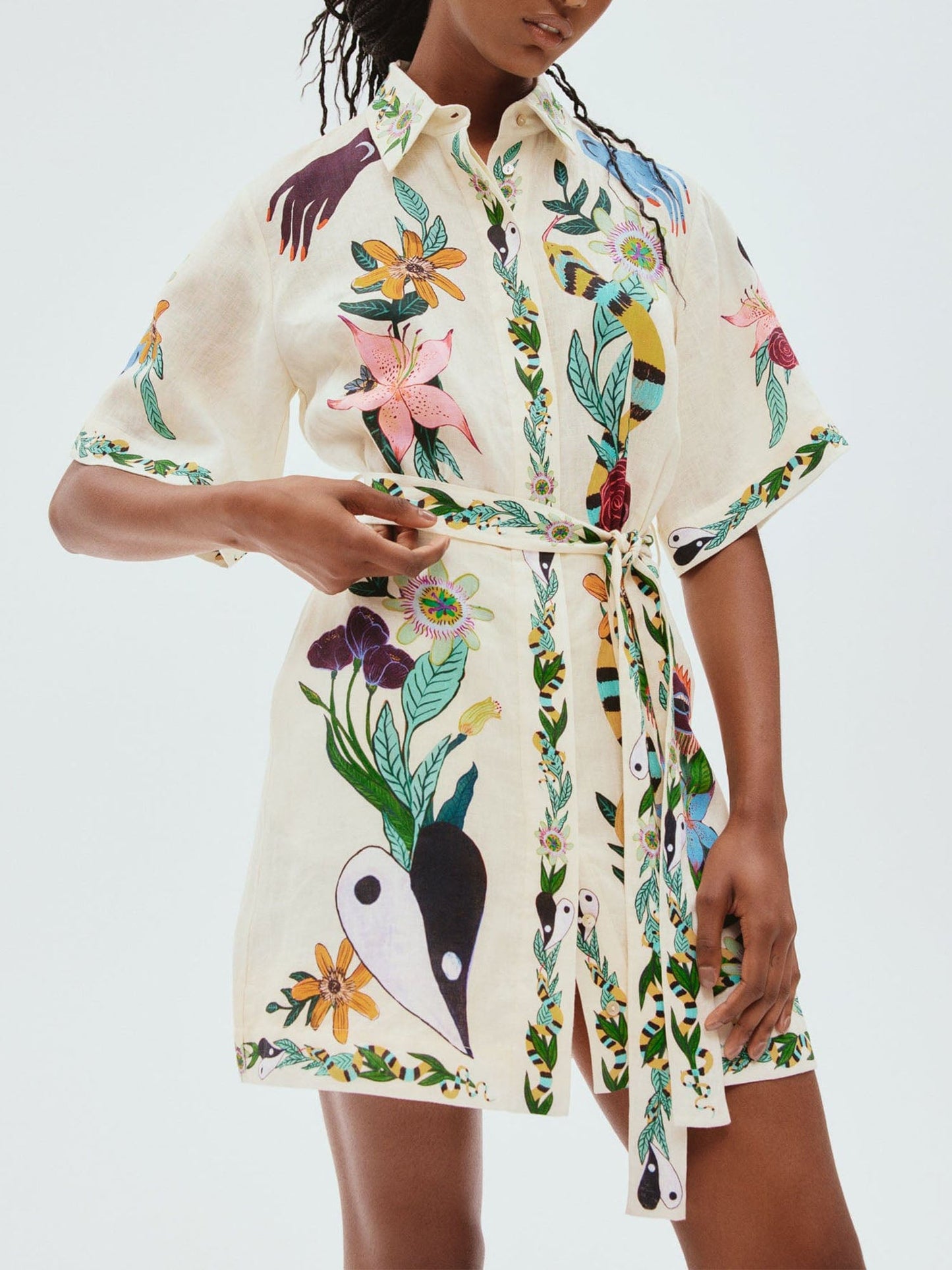 Floral Printed Shirt Dress with Waist Tie