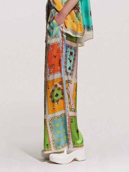 Playing Cards Print Wide-Leg Pants