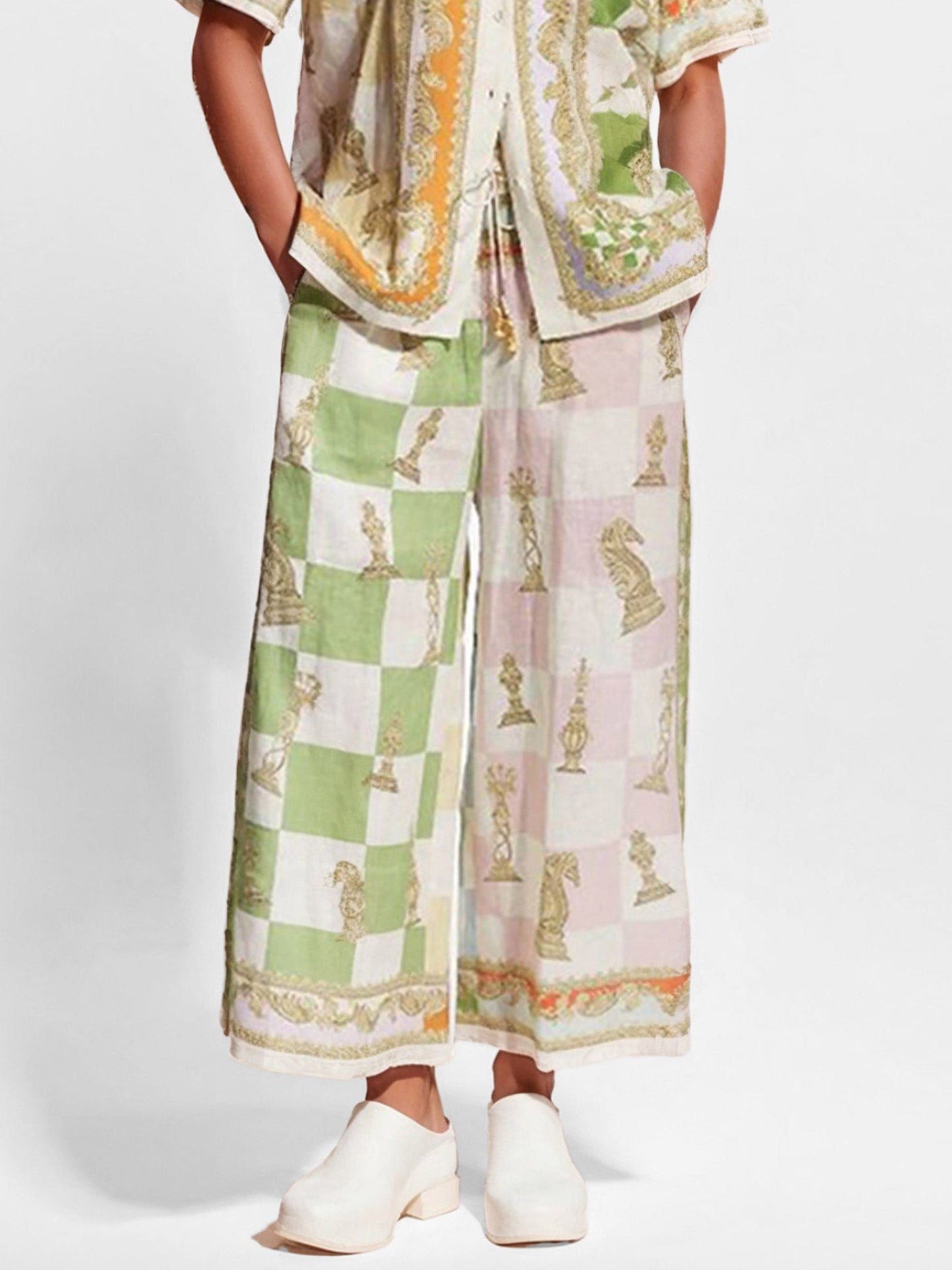Vintage Chess Print Wide-Leg Pants