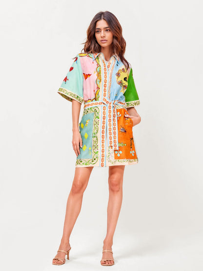 Colorful Printed Mini Shirt Dress