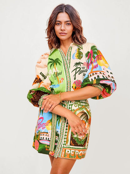 Tropical Graphic Print Mini Shirt Dress