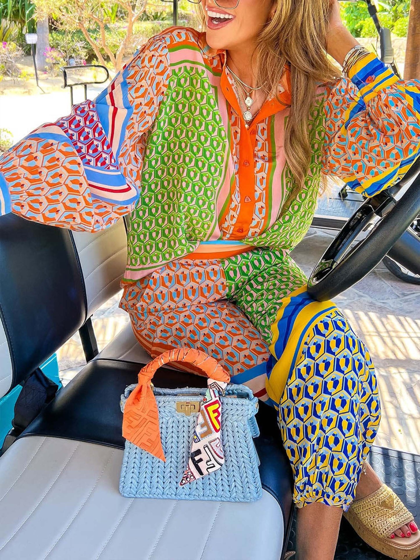 Print Oversized Button-Up Shirt with Colorblock Details