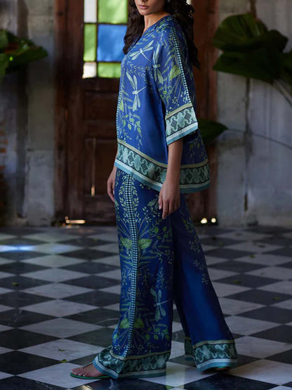 Indigo Dragonfly Wide-Leg Pants