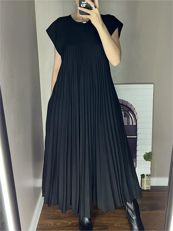 Sleeveless Pleated Simple Solid Color Dress👗