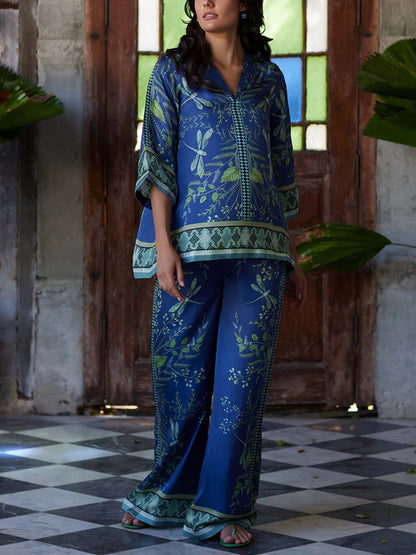 Indigo Dragonfly Wide-Leg Pants