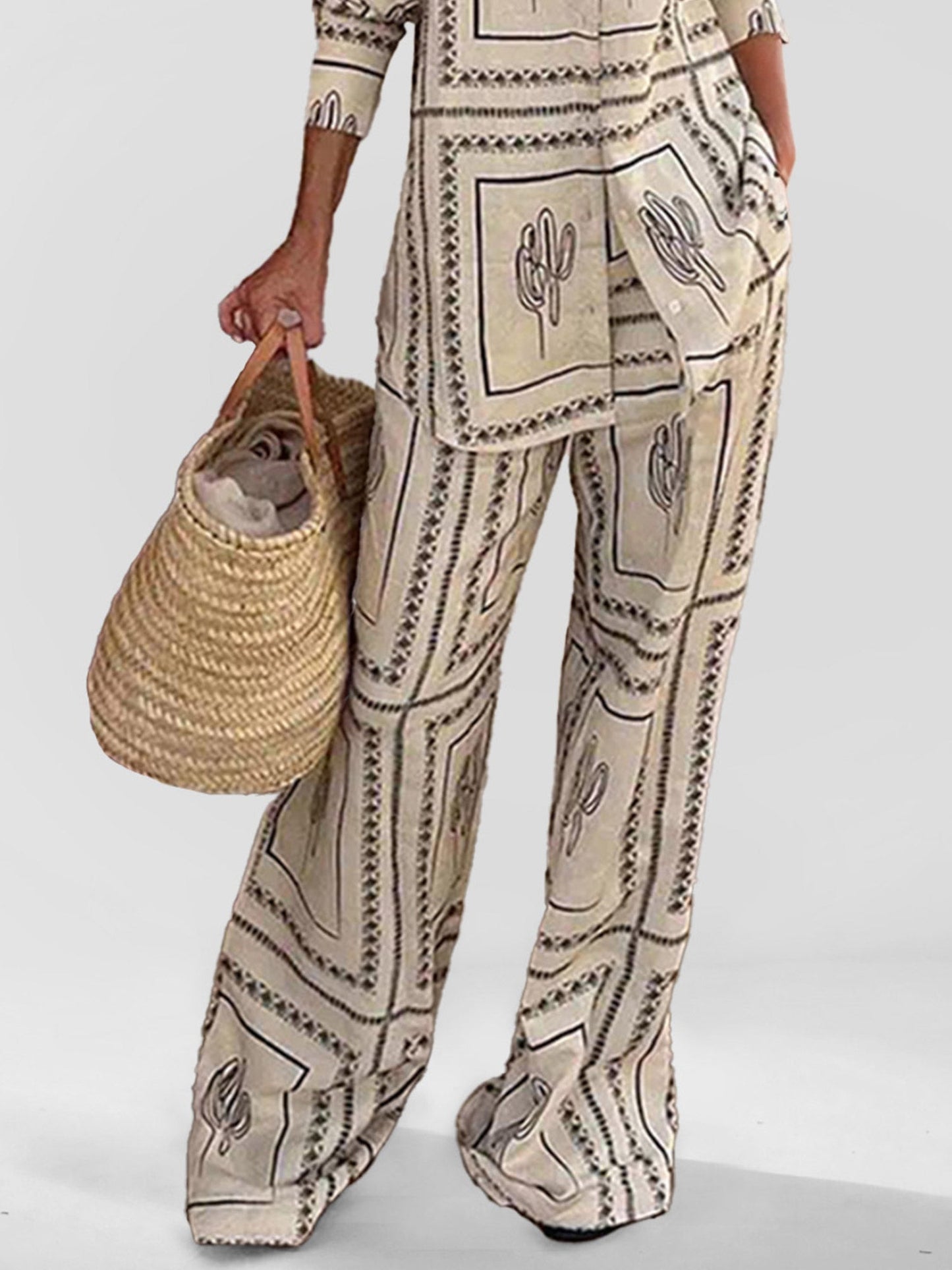 Cactus Print High-Waisted Pants